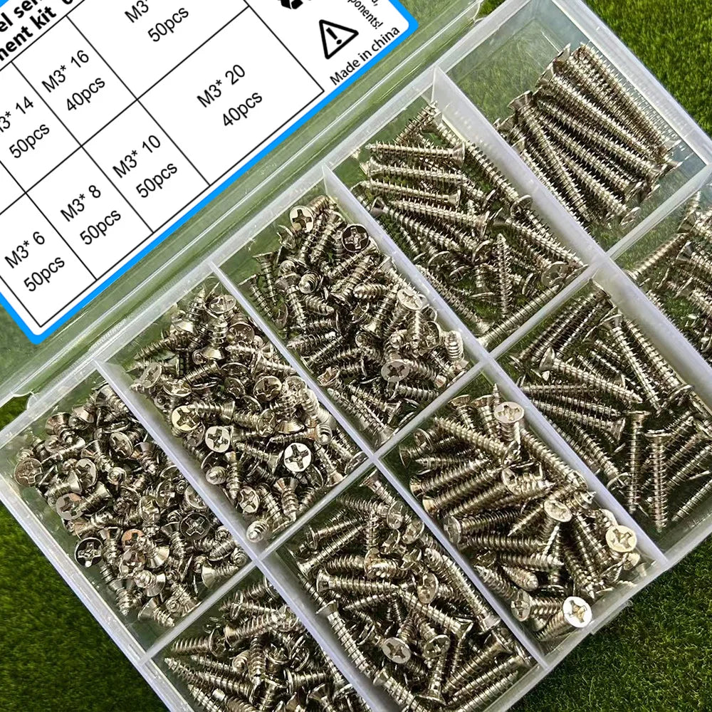 380-Piece Set of Stainless Steel Self-Tapping Screws M3,Length 6-20mm,for Home Repair and Installation, Fastening Wood and Metal