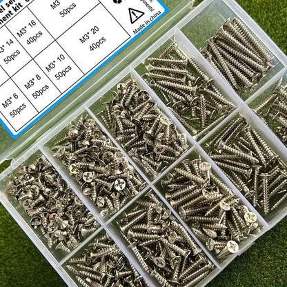 380-Piece Set of Stainless Steel Self-Tapping Screws M3,Length 6-20mm,for Home Repair and Installation, Fastening Wood and Metal