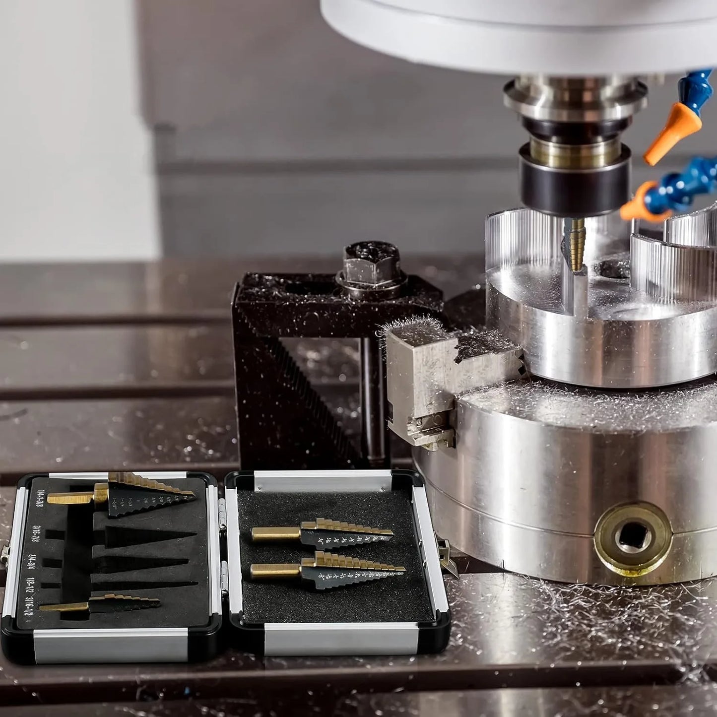 5pc British System Roasted Yellow Triangular Straight Groove Step Drill Blackened Pagoda Drill Hole Opener Aluminum Box Tool