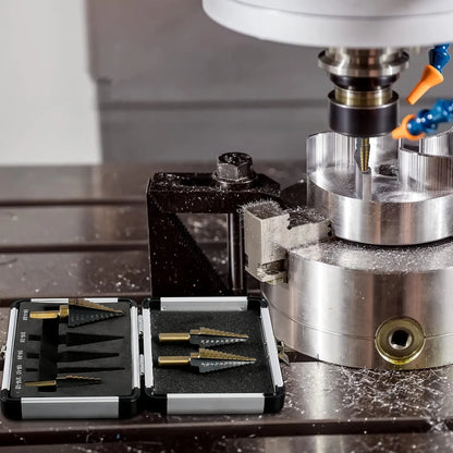 5pc British System Roasted Yellow Triangular Straight Groove Step Drill Blackened Pagoda Drill Hole Opener Aluminum Box Tool