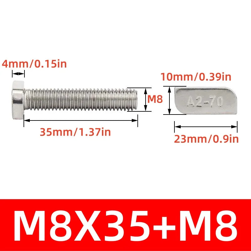 M8/M10 T-Bolt Kit 304 Stainless Steel (A2-70) - T-Screws Locking Tooth Flange Nuts - for Solar Panel Mounting PV Rails Greenhous