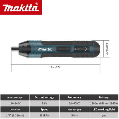 Makita Cordless Electric Screwdriver | 3.6V 5N.m Torque | 1/4" Chuck | 1300mAh Li - ion Battery.HT422