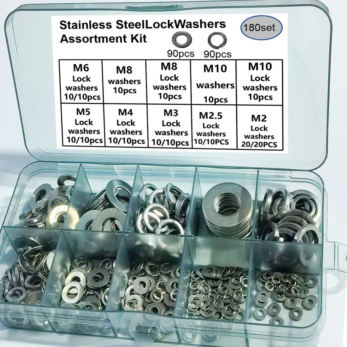 180Pcs Stainless Steel Locking Flat Washers/Spring Washers/Nut Combination Kit, M2 M2.5 M3 M4 M5 M6 M8 M10 Locking Spring Washers, Flat Washers and Nuts Hardware Tool Set, Stainless Steel Anti-Slip Fasteners Multi-Combination Set