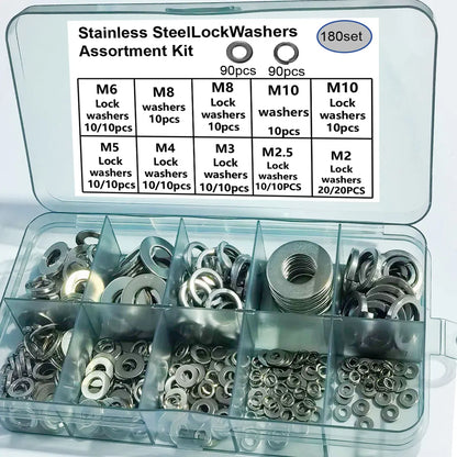 180Pcs Stainless Steel Locking Flat Washers/Spring Washers/Nut Combination Kit, M2 M2.5 M3 M4 M5 M6 M8 M10 Locking Spring Washers, Flat Washers and Nuts Hardware Tool Set, Stainless Steel Anti-Slip Fasteners Multi-Combination Set