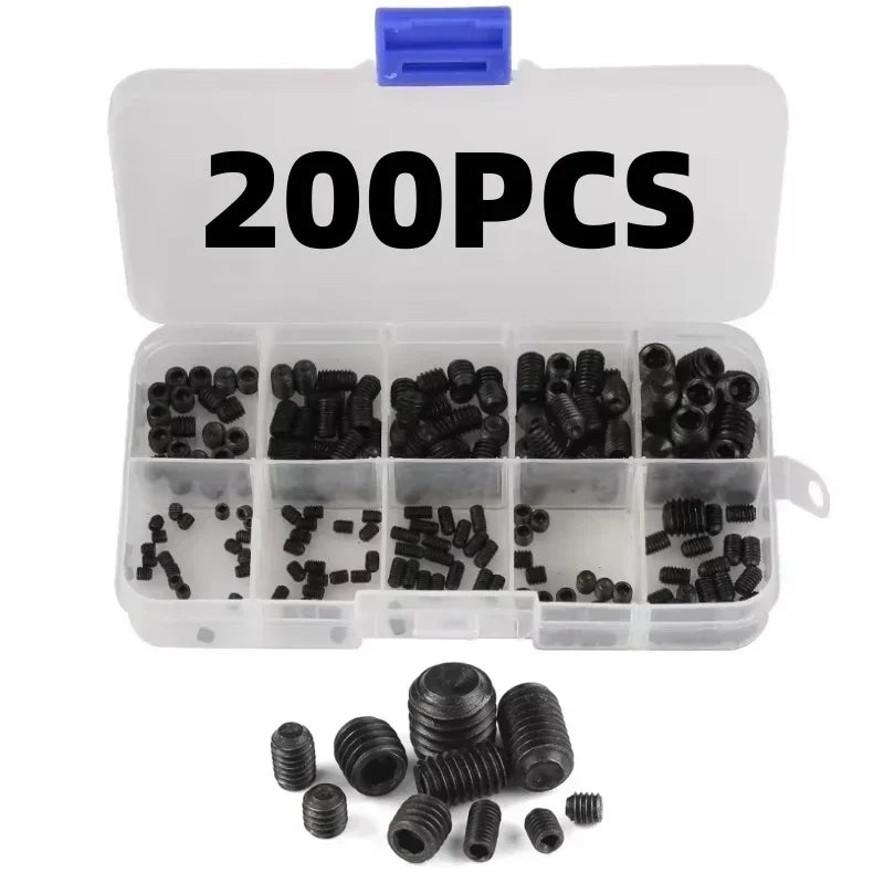 200pcs 304 Stainless Steel Grub Screw Kit M3 M4 M5 M6 M8 Hex Socket Flat Point Set Screws for Machinery Furniture Motorcycle
