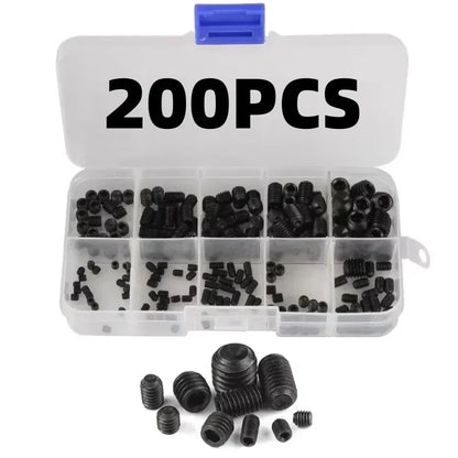 200pcs 304 Stainless Steel Grub Screw Kit M3 M4 M5 M6 M8 Hex Socket Flat Point Set Screws for Machinery Furniture Motorcycle