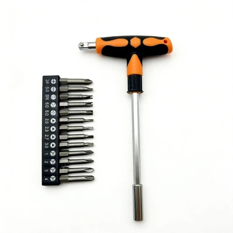 Multifunctional Screwdriver and Socket Set T-shape Handle Torx Hex Cross Flat Bits Household Repair Hand Tools for DIY