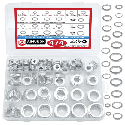 21 Sizes 474Pcs Aluminum Flat Washers Kit Metric Metal Washers Assortment for Automotive Plumbing Furniture Repair Hardware Fast