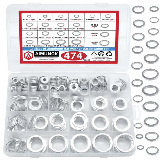 21 Sizes 474Pcs Aluminum Flat Washers Kit Metric Metal Washers Assortment for Automotive Plumbing Furniture Repair Hardware Fast