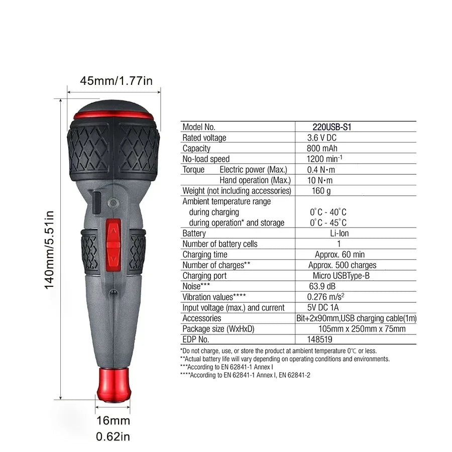 VESSEL Franchise Screwdriver Series NO.220USB-S1,NO.220USB-6C,NO.220USB-1C Electric Drive, Rechargeable Screwdriver