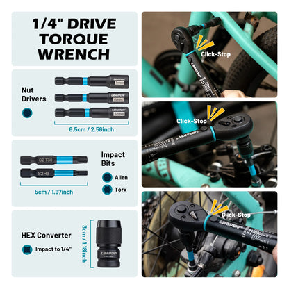 1/4" 2-14Nm Bike Torque Wrench 21pcs Bike Torque Wrench Set Socket Spanner with Impact Bit Bicycle Motorcycle Ratchet Repair Kit