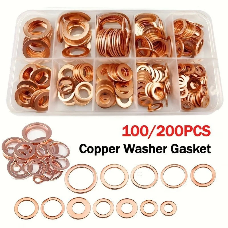 200/50PCS Copper Washer Gasket Nut and Bolt Set Flat Ring Seal Assortment Kit with Box //M8/M10/M12/M14 for Sump Plugs