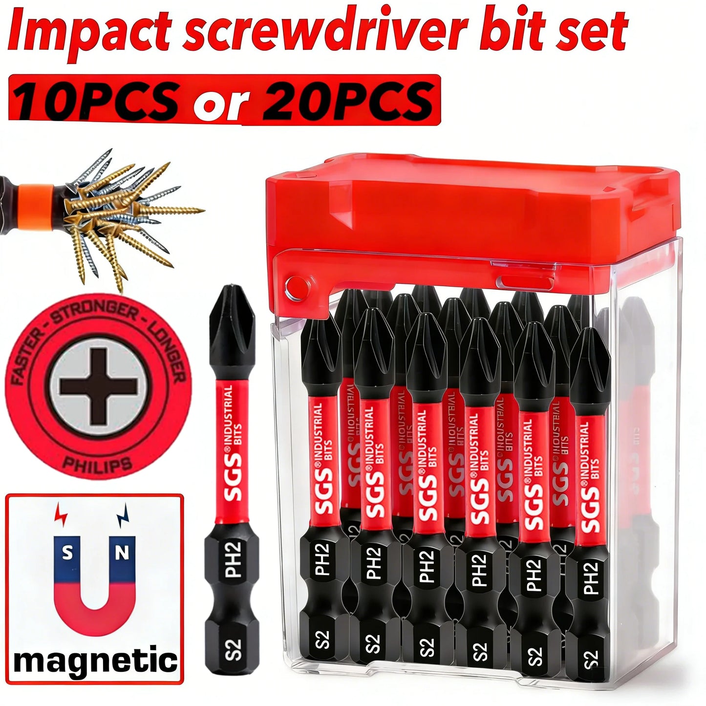 10/20 Piece Set S2 Steel Ph2 Impact Screwdriver Bits 50mm Strong Magnetic Anti-Twist High Hardness with Red Storage Box Screwdriver Bits