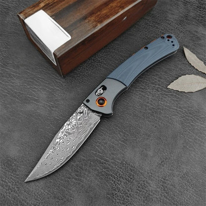 BM 15080 Damascus Steel Blade Wooden/G10 Handle Outdoor Camping Hiking Cutting Rescue Pocket Knife EDC Fishing Tool Gift for Men