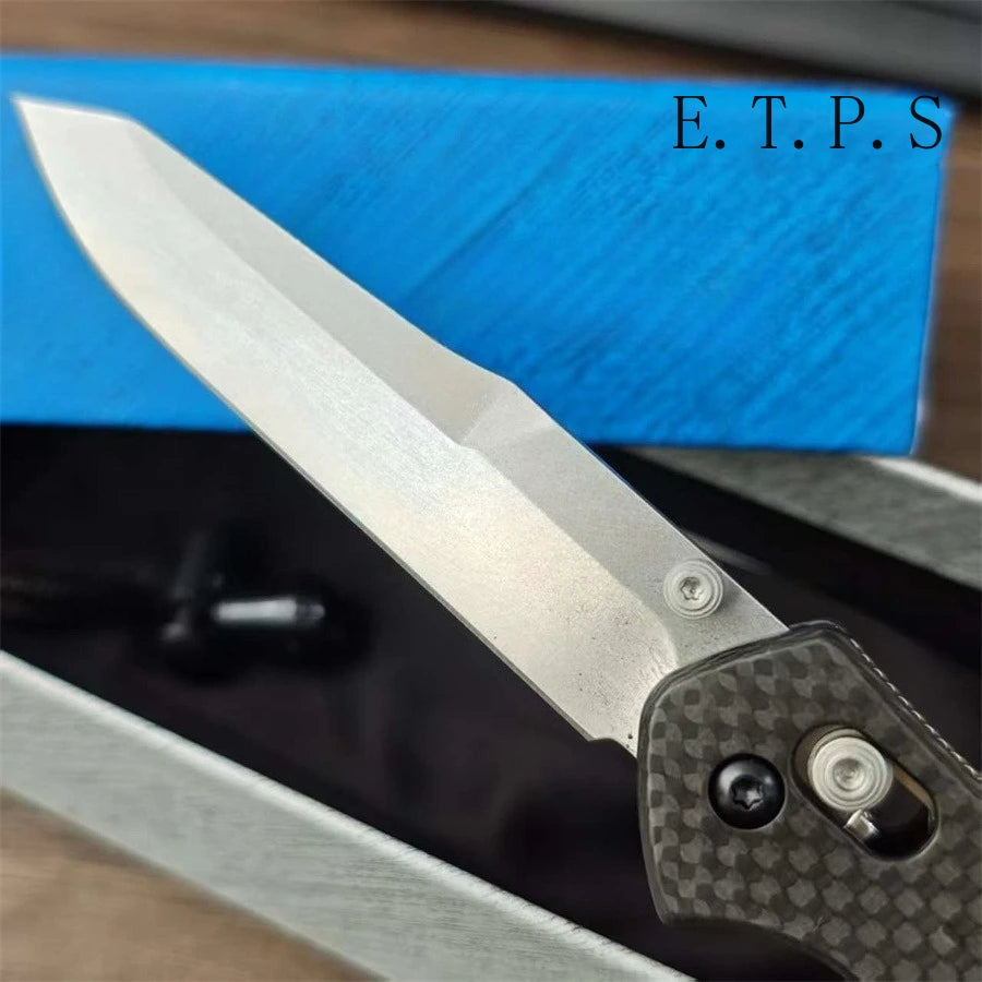 Carbon Fiber Handle Quick-Open Folding Knife Tanto Blade V-Ground & Thumb Studs - EDC Pocket Knife for Camping Fishing Survival