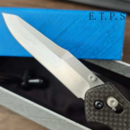 Carbon Fiber Handle Quick-Open Folding Knife Tanto Blade V-Ground & Thumb Studs - EDC Pocket Knife for Camping Fishing Survival