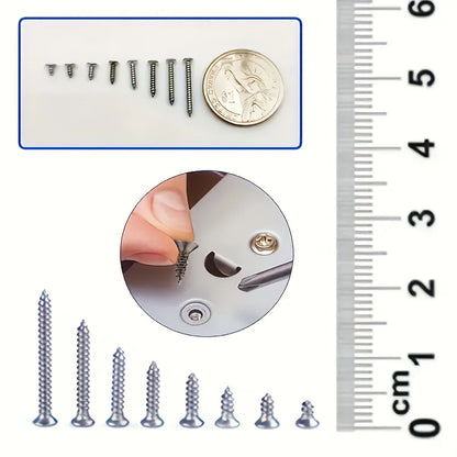 Box of 560 Self-Tapping Wood Screw Set - Includes 8 Different Sizes of M2 Flat Metal Screw Classification Kit
