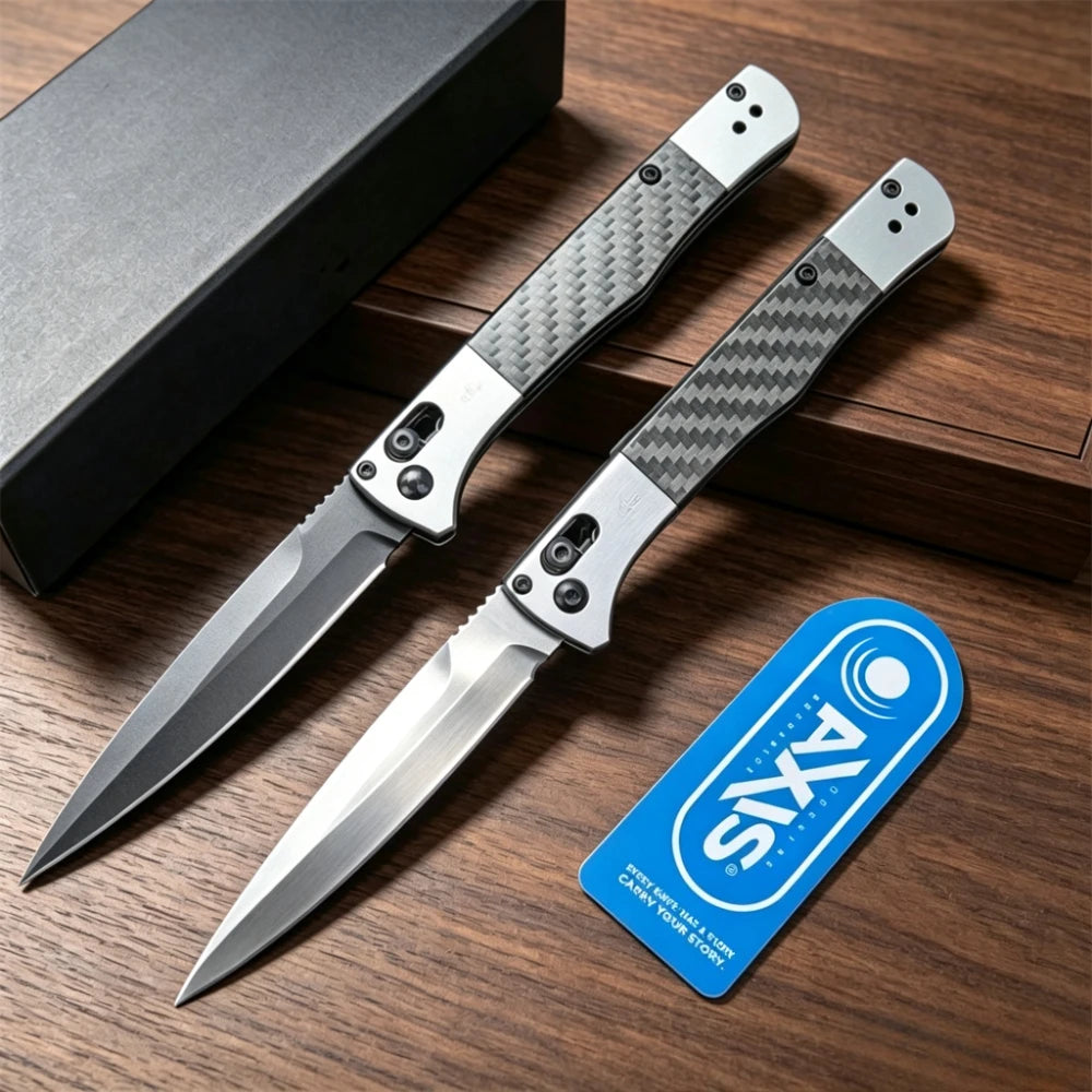BM 4170BK AXIS Lock Pocket Tool Fact Folding Knife 3.95" S90V Black DLC Spear Point Blade, Aluminum Handles with Carbon Fiber Inlays for Outdoor Camping Hunting Tactical Knives