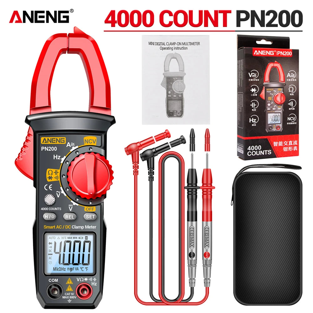 ANENG PN200 Digital Clamp Meter 4000 Counts 600A AC/DC Current Voltage Multimeter NCV Ohm Resistance Capacitance Tester