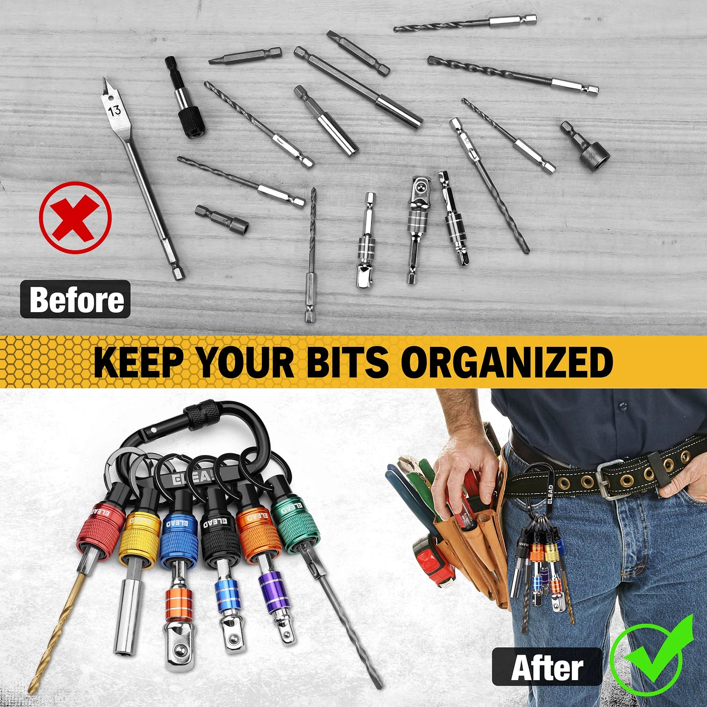 ELEAD 6pcs/Set 1/4" Hexagonal Shank Screwdriver Head Holder Extension Rod Key Chain Adapter Drill Bit Quick Replacement Portable