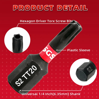 10 Pieces of Impact-Resistant S2 Steel Safety Torx Bits 25mm, Strong Magnetic, Non-Slip, High Hardness, Wear-Resistant, with Black Base, Screwdriver Bit Set
