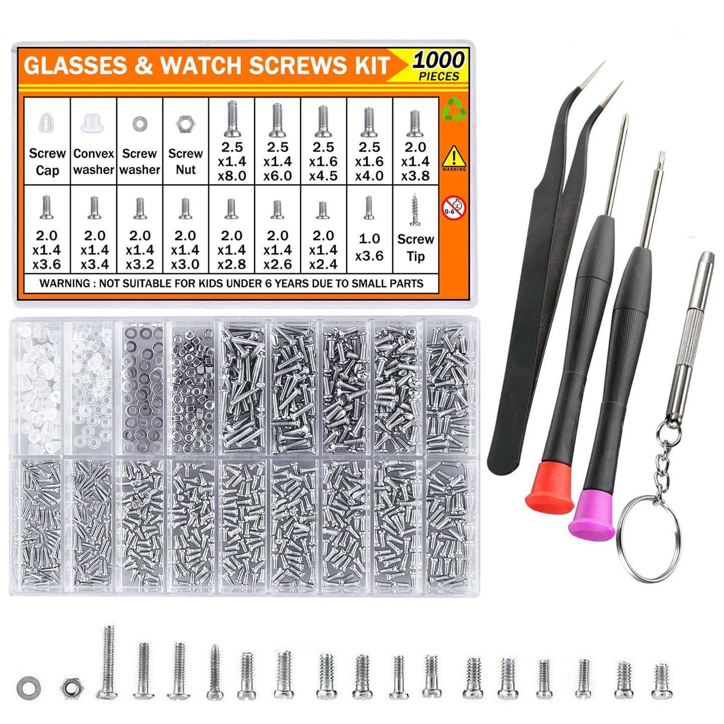 1000PCS Eyeglass Repair Kit, Stainless Steel Screws & Nuts Set with Mini Screwdriver & Tweezers for Glasses/Watch/Electronics