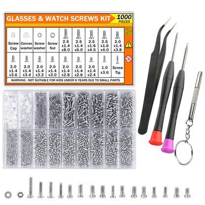 1000PCS Eyeglass Repair Kit, Stainless Steel Screws & Nuts Set with Mini Screwdriver & Tweezers for Glasses/Watch/Electronics