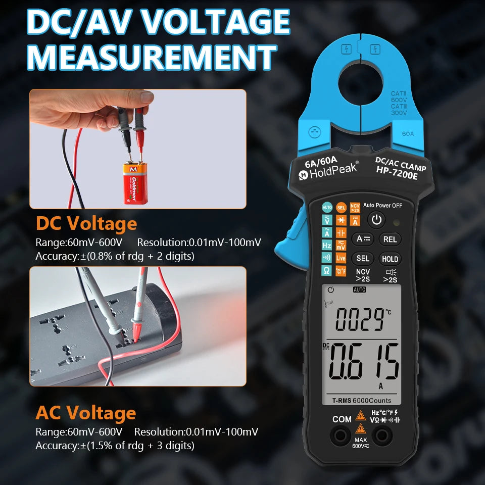 Digital AC/DC Clamp Meter 60A Auto Select Multimeter 6000 Counts True RMS NCV Live Wire Tester with Temperature for Electrical
