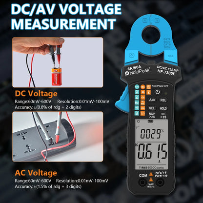 Digital AC/DC Clamp Meter 60A Auto Select Multimeter 6000 Counts True RMS NCV Live Wire Tester with Temperature for Electrical