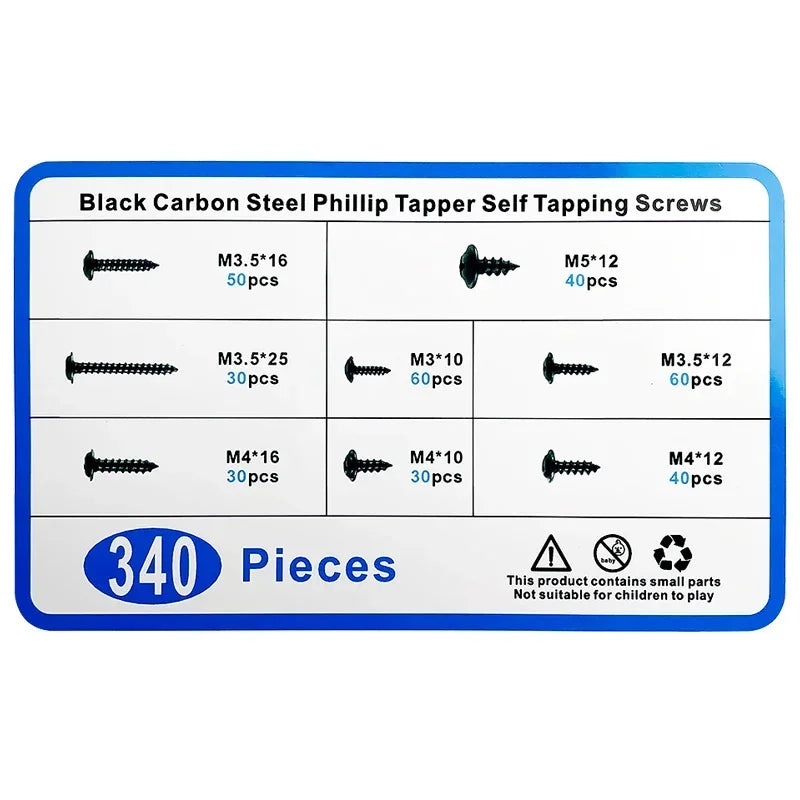 340Pcs Black Carbon Steel Self-Tapping Screw Assortment Kit Phillips Head Wood Screws Set M3 M3.5 M4 M5 Hardware Fasteners