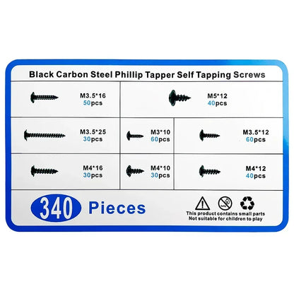 340Pcs Black Carbon Steel Self-Tapping Screw Assortment Kit Phillips Head Wood Screws Set M3 M3.5 M4 M5 Hardware Fasteners