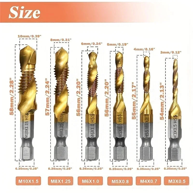 6Pcs 1/4" Hex Shank Titanium Drill Tap Combination Bit Set,  Metric Thread M3 M4 M5 M6 M8 M10 Taps Tool