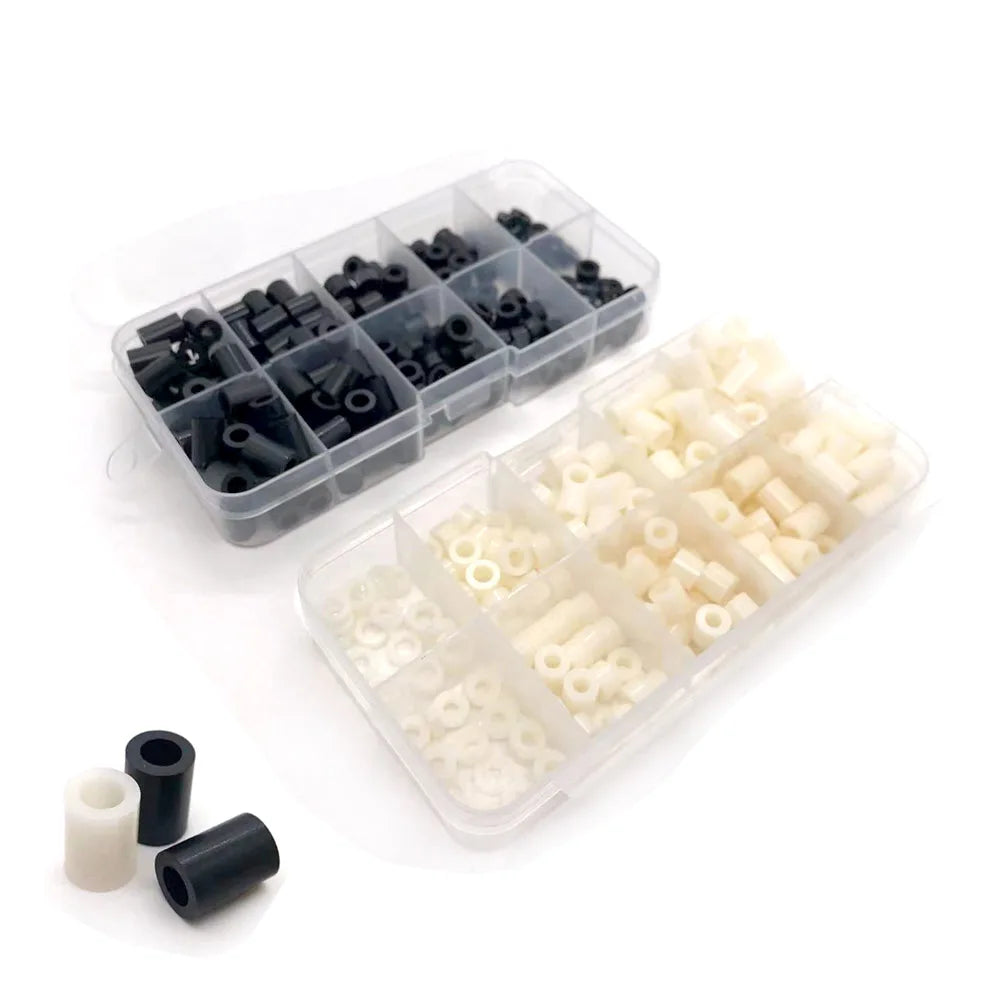 200pcs/set M3 M4 10 Sizes Black White ABS Nylon Plastic Non-Threaded Spacer Hollow Standoff Washer Set Box Assortment Kit