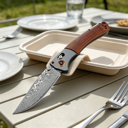 Damascus Steel Folding Pocket Knife BM 15080 with Wood & Blue G10 Handle Heavy-Duty Outdoor Cutting Tool for Daily & Outdoor Use