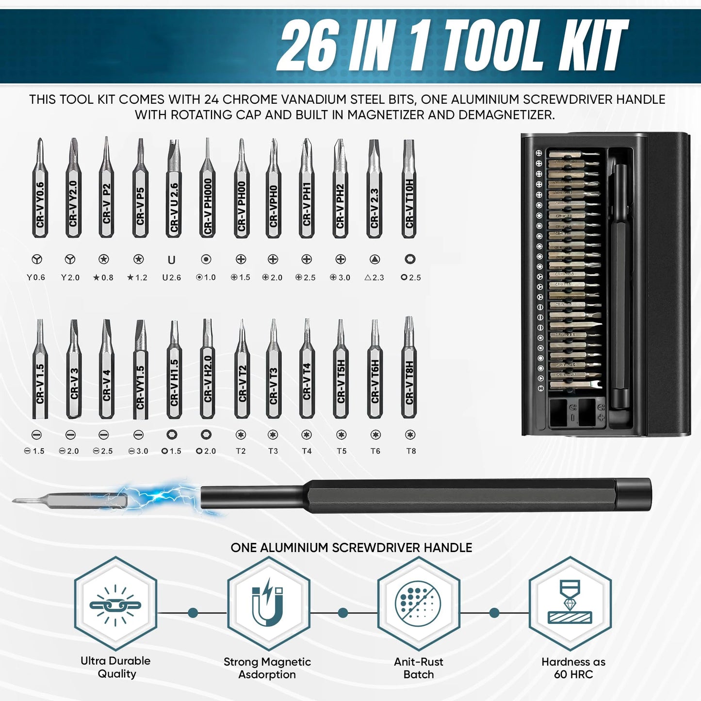Galacok 26 in 1 Precision Screwdriver Set with 24 Magnetic Bits Built-in Magnetizer and Demagnetizer Portable Mini Repair Tool