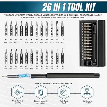Galacok 26 in 1 Precision Screwdriver Set with 24 Magnetic Bits Built-in Magnetizer and Demagnetizer Portable Mini Repair Tool