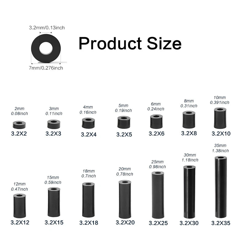 50-250 Pcs, Black Nylon Washers, 3.2mm ID 7mm OD 2-35mm Length Round Plastic Spacer Washer Standoff Non-Threaded for M3 Screws