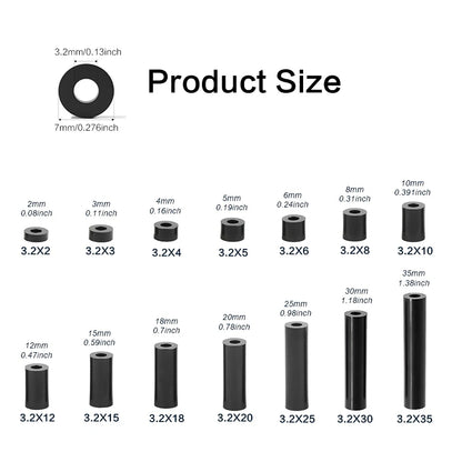 50-250 Pcs, Black Nylon Washers, 3.2mm ID 7mm OD 2-35mm Length Round Plastic Spacer Washer Standoff Non-Threaded for M3 Screws