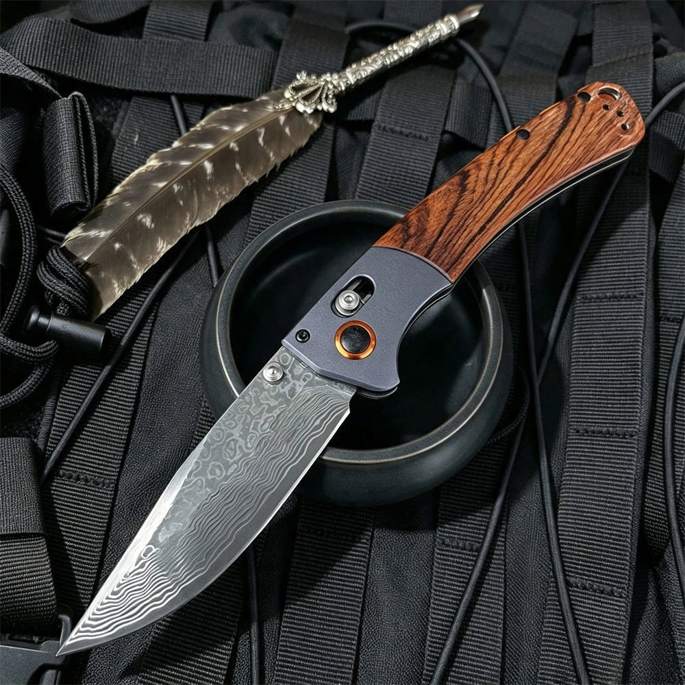 Damascus Blade 15080 BM Axis Folding Pocket Knife G10 Wooden Handle Compact Outdoor Camping Lightweight Easy To Use Hand Gitfs