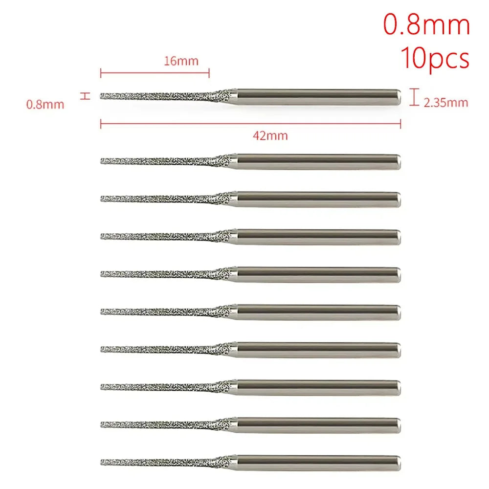 10Pcs 0.8-2.5mm Diamond Coated Drill Bits 2.35mm Shank Silver Polishing Head Grinding Burr Bits Glass Jade Amber Jewelry Diamond