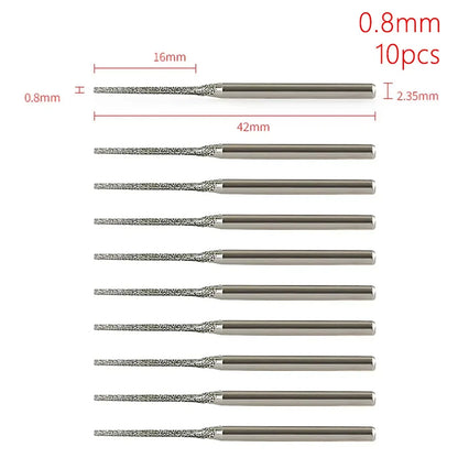 10Pcs 0.8-2.5mm Diamond Coated Drill Bits 2.35mm Shank Silver Polishing Head Grinding Burr Bits Glass Jade Amber Jewelry Diamond
