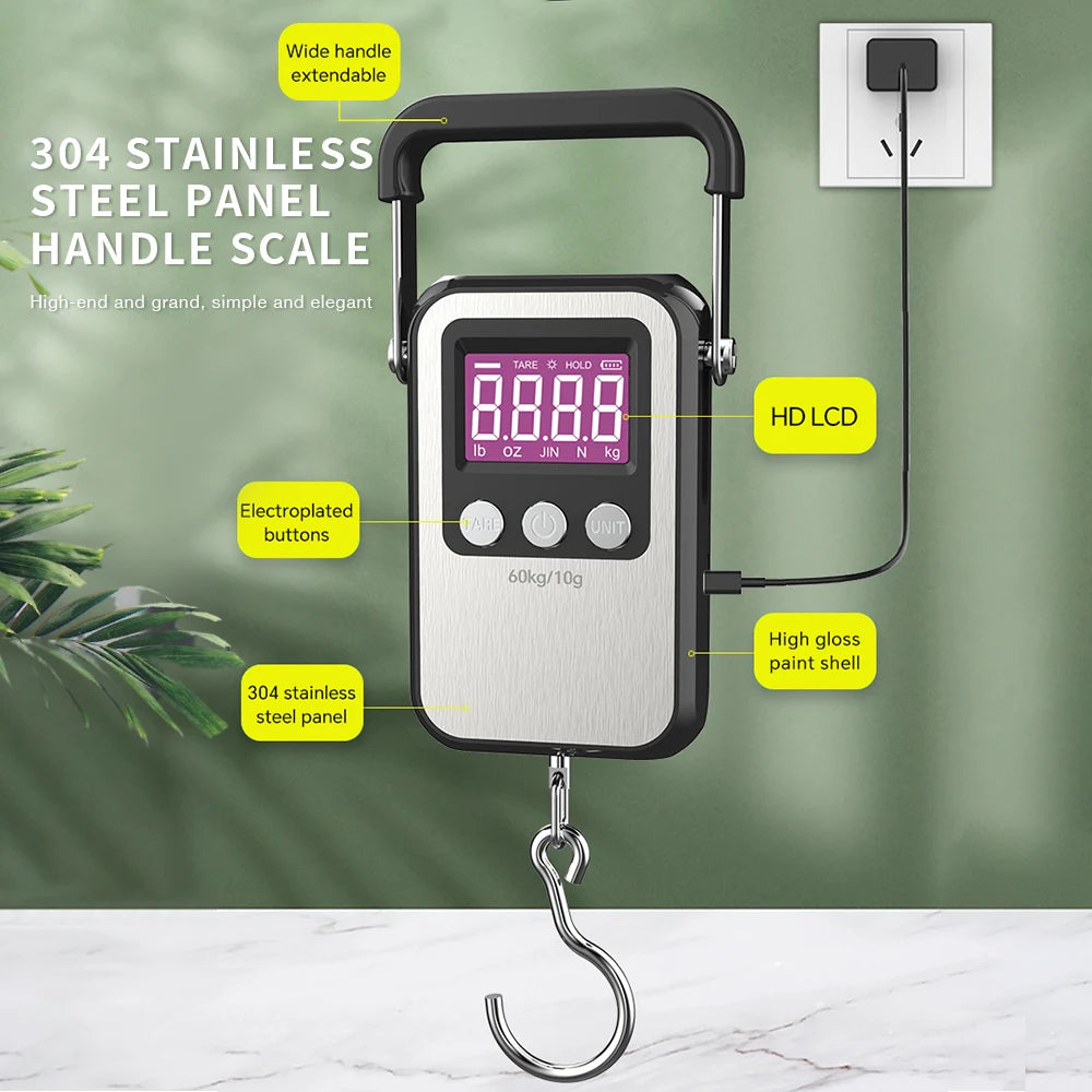 New 60kg/10g LCD Display USB Charging Digital Hanging Hook Scale Electronic Travel Luggage Scale Weighing Balance