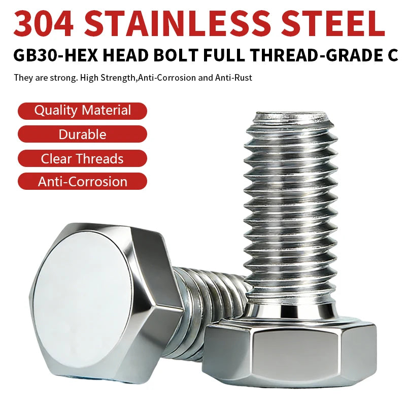 In Stock M8 GB30 Hex Bolts 304 Stainless Steel Full Thread Screw Nut Washer Set Metric Hardware for Furniture Auto Repair DIY