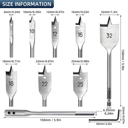 10PCS High Carbon Steel Spade Drill Bit Set, 6-32mm Hex Shank Wood Boring Bits with Extension Rod & Hex Key