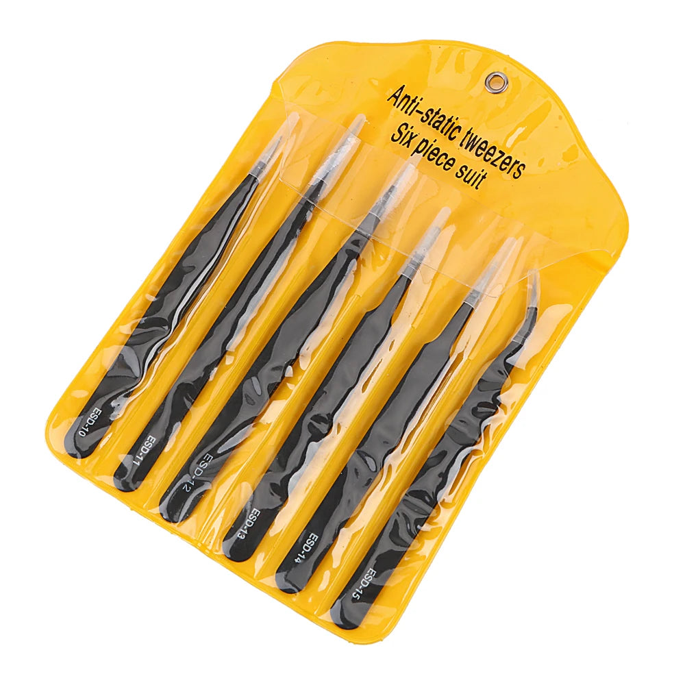 6Pcs Antistatic Stainless Steel Tweezers Precision Repair Curved Hand Tools