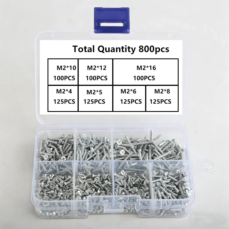 Set of 800 Self-Tapping Wood Screws, M2 Phillips Flat Head Screws for Sheet Metal, Assortment Kit of Self-Screws with Lock Nuts