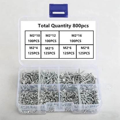 Set of 800 Self-Tapping Wood Screws, M2 Phillips Flat Head Screws for Sheet Metal, Assortment Kit of Self-Screws with Lock Nuts