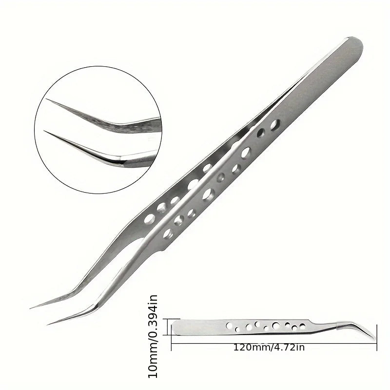 Stainless Steel Precision Tweezers，Straight & Curved Tip with Vent Holes, Anti-Slip Fine Point Tweezers for Electronics Repair