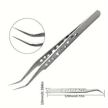 Stainless Steel Precision Tweezers，Straight & Curved Tip with Vent Holes, Anti-Slip Fine Point Tweezers for Electronics Repair
