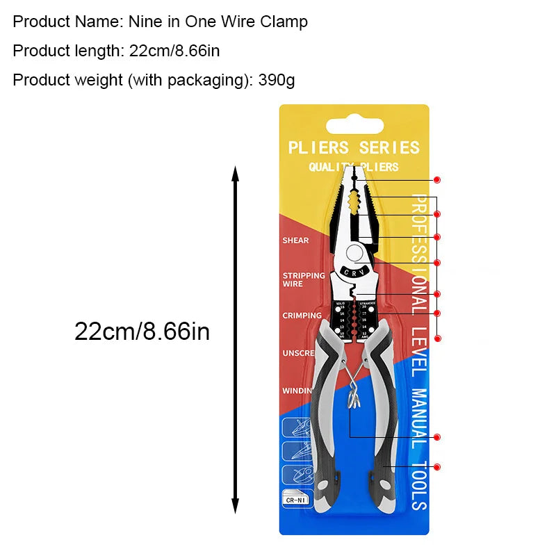 9‑in‑1 Multifunctional Pliers Needle nose Diagonal cutting Wire Stripper Crimper Electrician Household Hardware Repair Hand Tool
